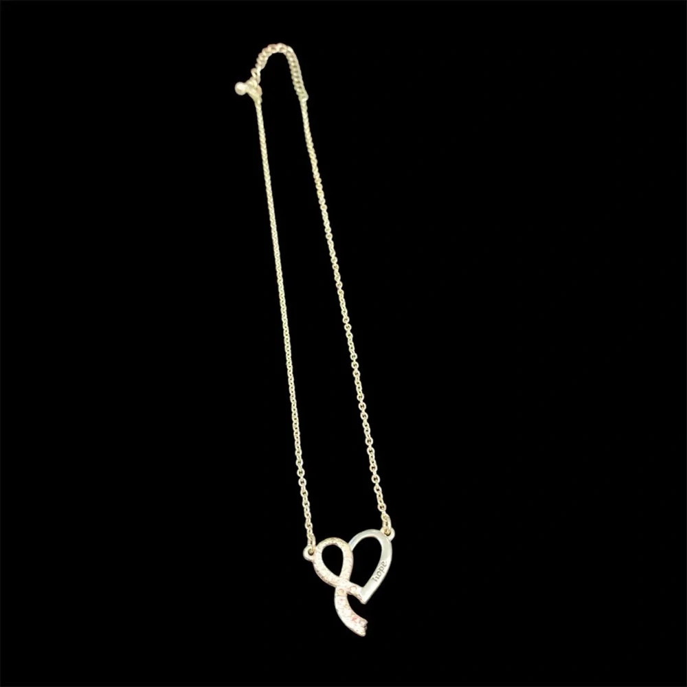 Avon breast cancer ribbon pendant necklace Hope engraved on heart Silvertone